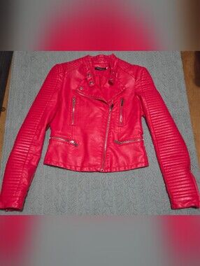Papillon Blanc Bright Red Quilted Sleeve Moto Jacket
